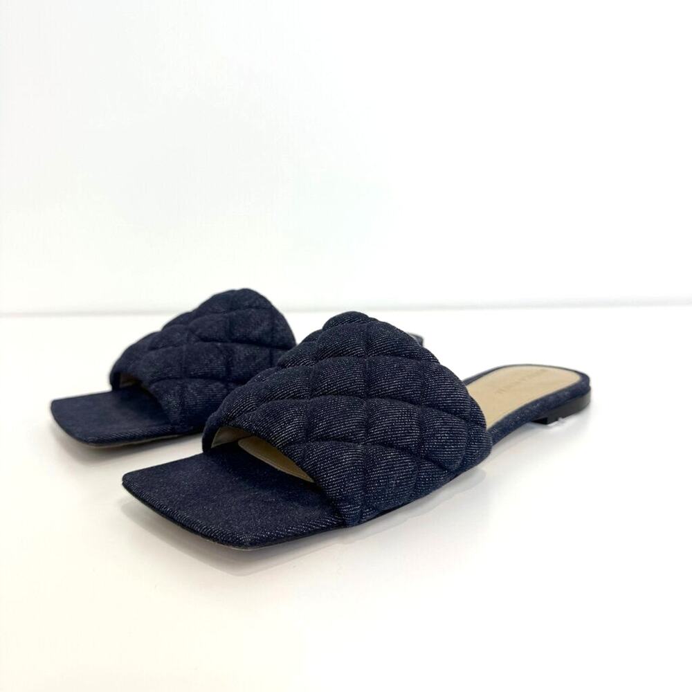 Bottega Veneta Denim Navy Blue Quilted Woven Slide Sandals 40 Woven Flat Shoes